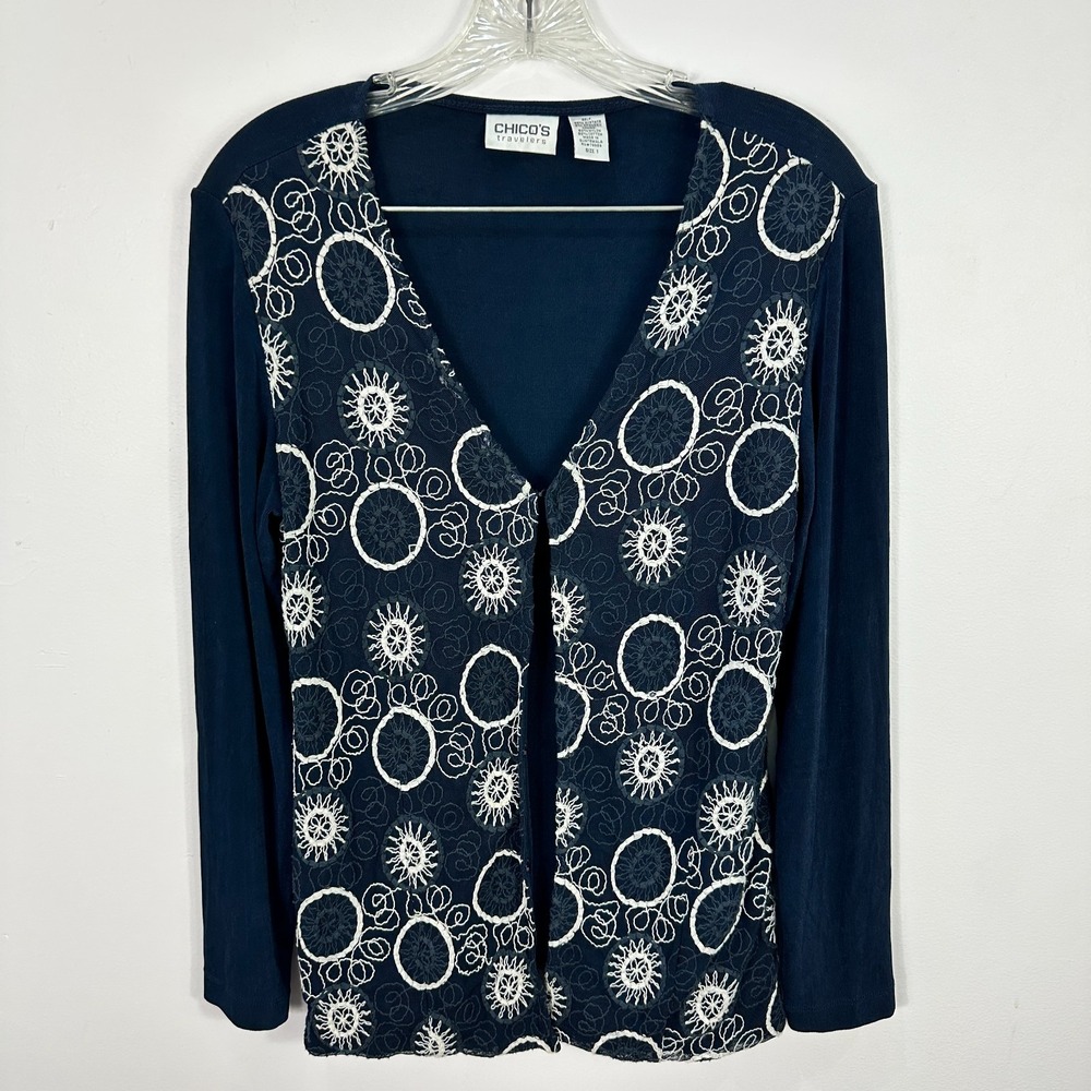 Chicos Travelers Womens 1‎ Navy Embroidered Cardigan Top Boho Artsy Fes